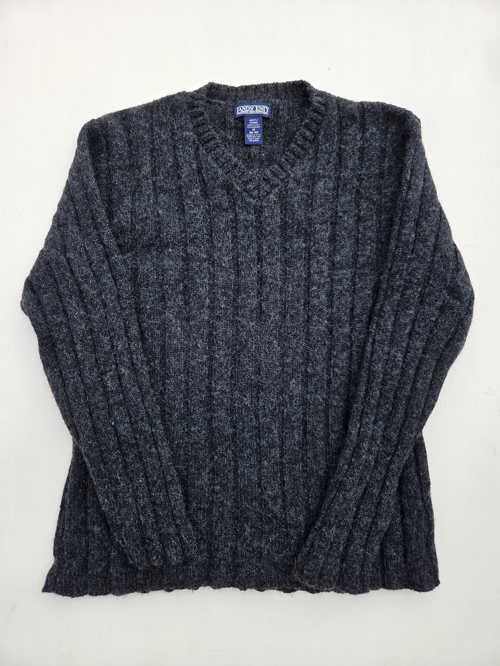 Vtg Lands' End Direct Merchants Wool Blend V-Neck Sweater Men's Gray Made In USA
